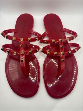 Tahari Red Jelly Thong Sandals with Gold Pyramid Studs Size 8